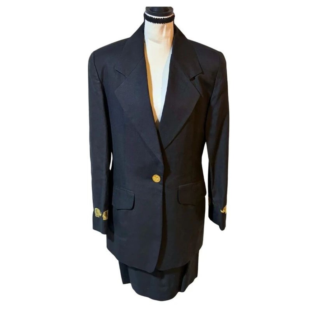 Vintage Sister 2 Piece Skirt Suit Navy Charcoal Gold Elephant Buttons Set